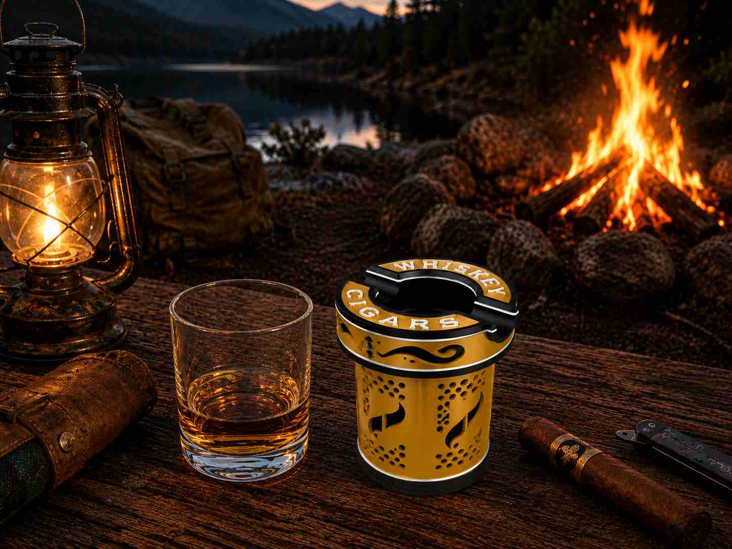 Glass Traveler beside a campfire at night