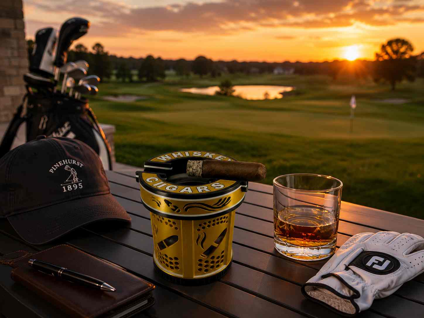 Glass Traveler at a golf club during sunset
