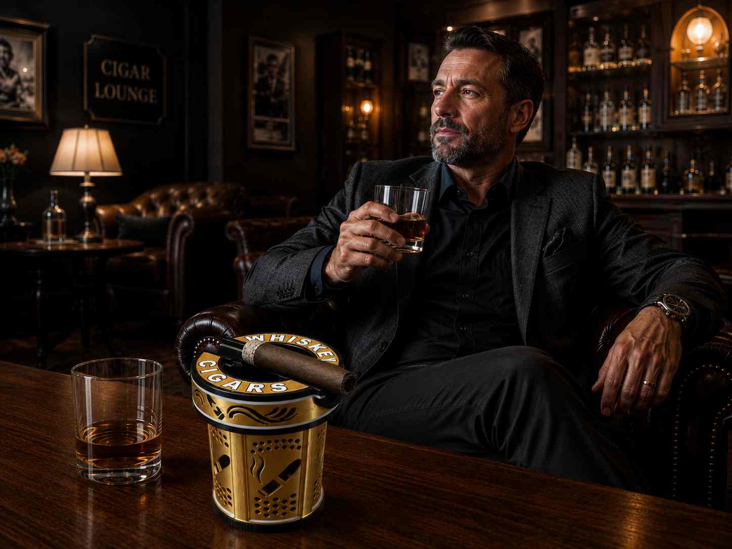 Glass Traveler in a warm cigar lounge