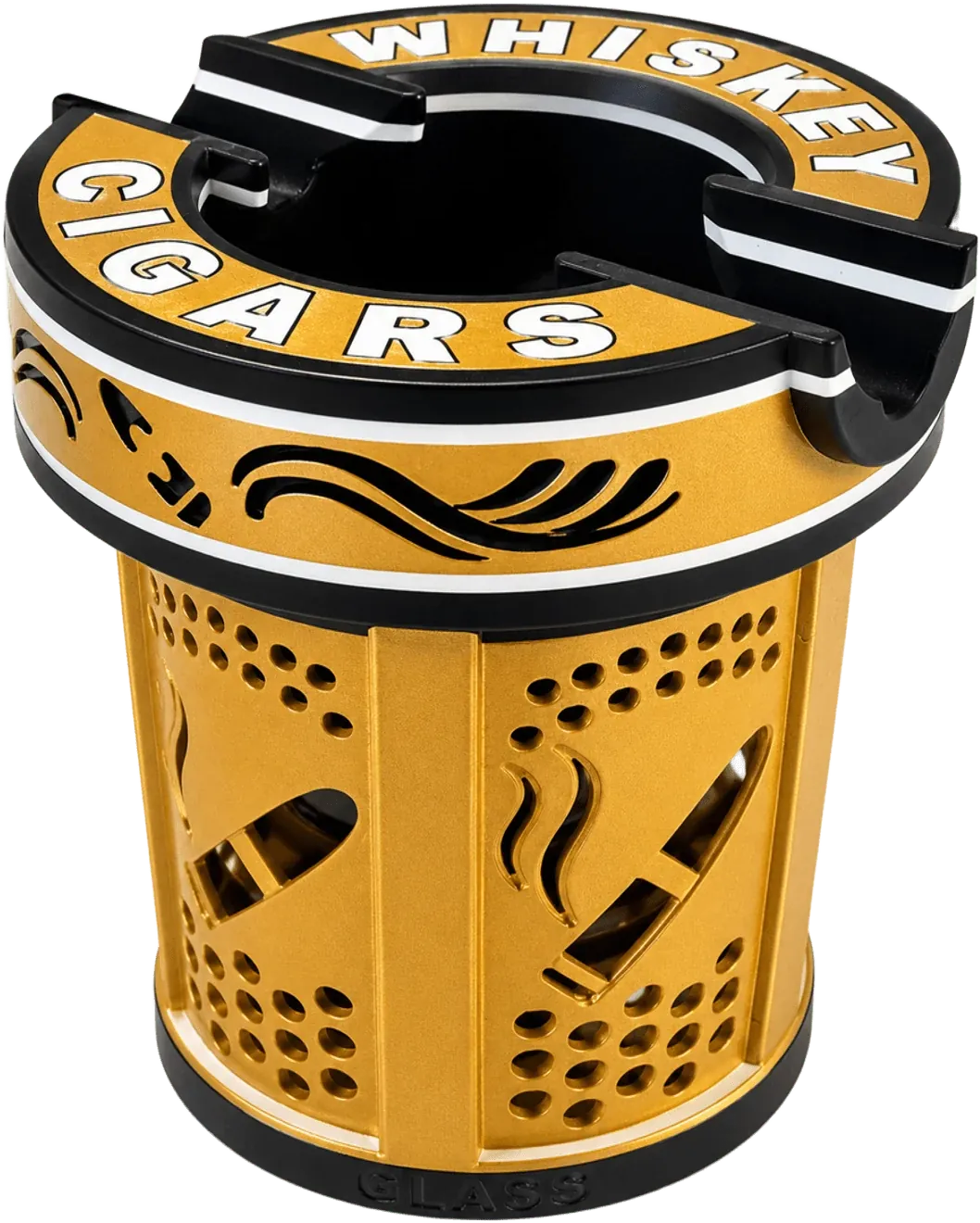 Gold and black Glass Traveler protective whiskey glass carrier